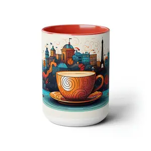 Illustrated Paris Scene Coffee Cup Inside Two-Tone Mugs, 11oz - Perfect Gift for Him or Her#3697