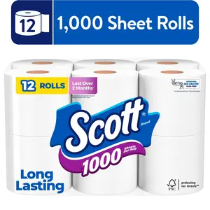 Scott 1000 1-Ply Toilet Tissue, 12-Roll Pack, 1000 Sheets per Roll, Eco-Friendly Daily Bathroom Supply for Home Care
