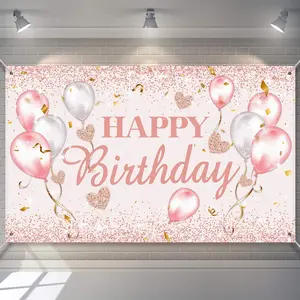 Pink Rose Gold Birthday Party Decorations, Birthday Party Backdrops for Women, Glitter Banners, Sweet Party Photo Booth Backdrops