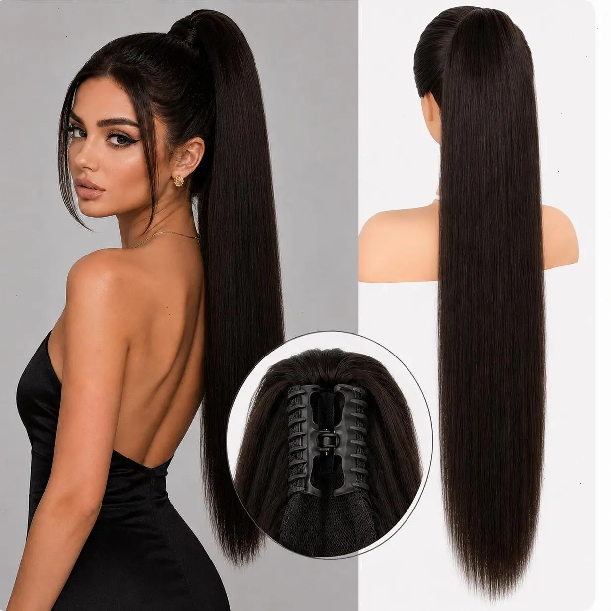 NOKOARI Female Long Straight Ponytail Extension - 30" Claw Clip Included, Heat Resistant Synthetic Fiber, Natural Hairpiece for Casual Everyday Use, Straight Ponytail Extensions