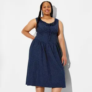 Women's Button-Front Lace Midi Dress - Wild Fable Navy Blue Polka Dots XXL