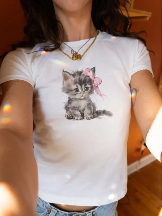 Coquette Kitty Baby Tee | Y2K Aesthetic Cute Cat Shirt