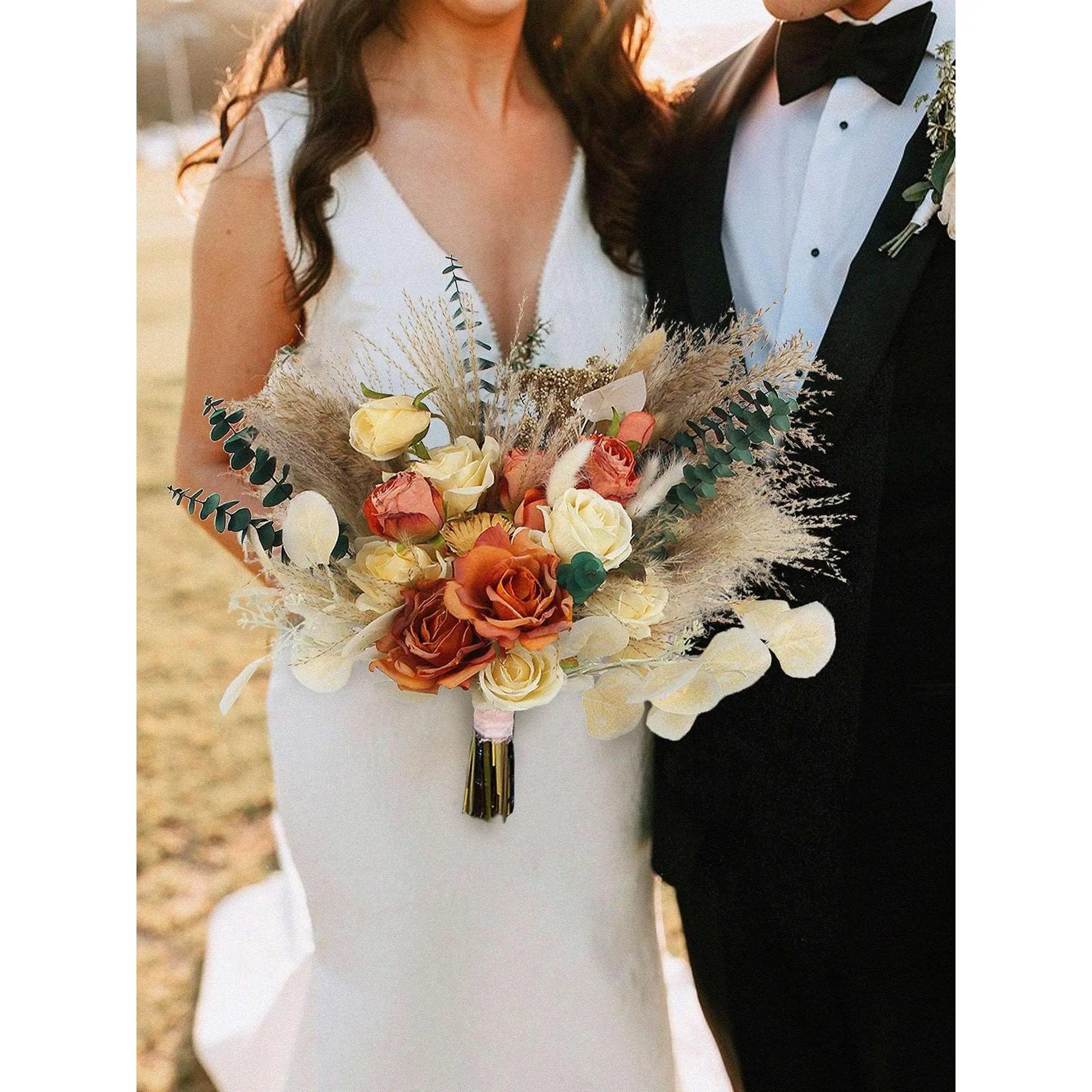 Rinlong 15.7in Wide Decorative Terracotta Beige Silk Flower Bridal Bouquet with Eucalyptus - Bohemian Boho Vibe Accent for Home Wedding Festive Decor