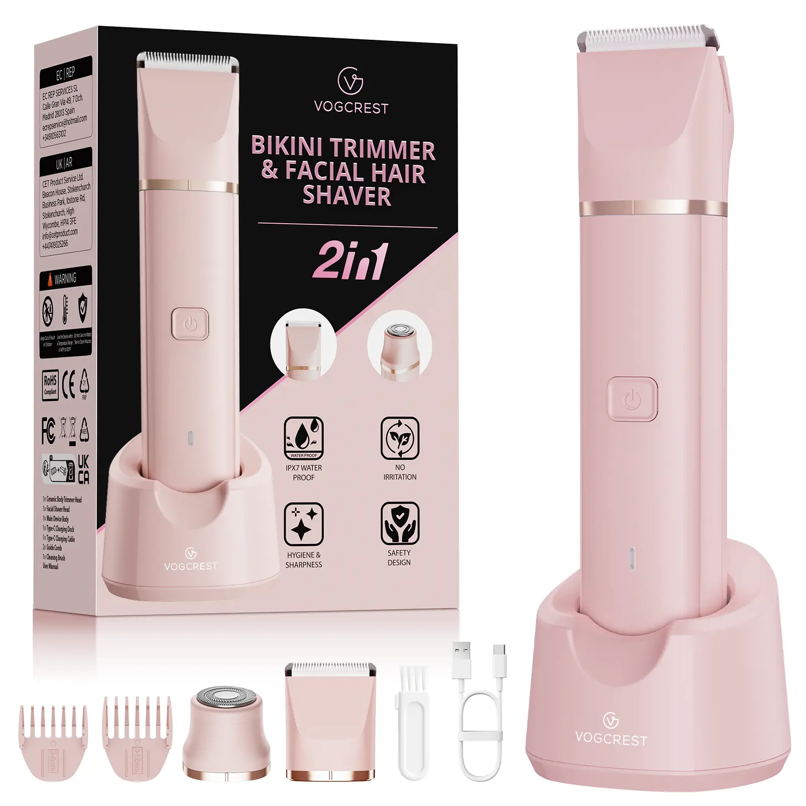 VG VOGCREST Women's 2-in-1 Bikini Trimmer & Electric Shaver, Smooth Painless Ceramic Blades for Facial & Body Hair Removal, IPX7 Waterproof, USB Rechargeable Portable Grooming Kit (Ideal Gift), Rechargeable Battery, Set