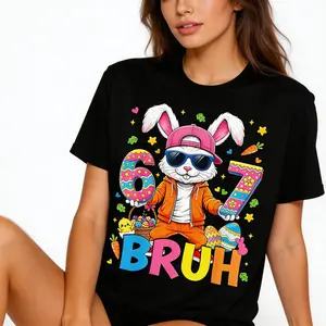 Kids' Easter Rabbit Bunny Face Graphic Print Crop Top - Soft Cotton Crewneck Short-Sleeve Sporty Sports Tops, Casual Comfy Shirt, Good Graphic Tees for Youth Holiday Wear