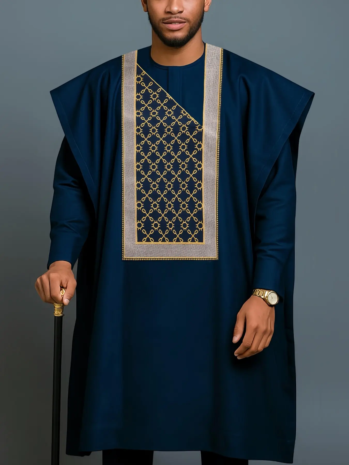 Men's Agbada Three-Piece Set, Fit, Chic, Modest, Modesty, Round Neck, Pockets, Embroidery, Hidden Buckle, Split Hem, Ethnic Pattern Robe, Long Sleeve Shirt, Drawstring Pants, Clothing