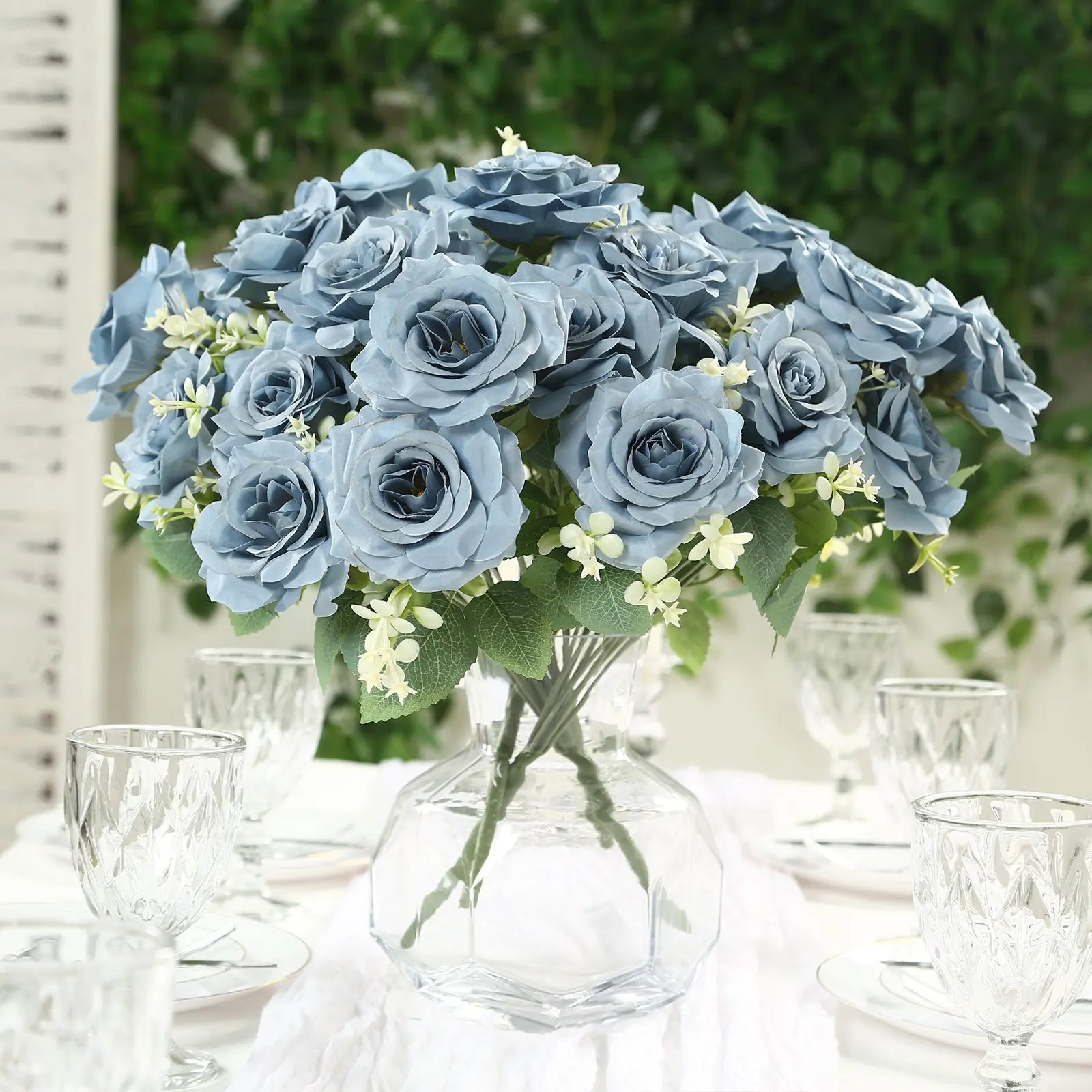 Dusty Blue Artificial Rose Flower Bouquet - 2 Bushes, 18in Real Touch Silk Long Stem Arrangements for Home Decor, Ornaments
