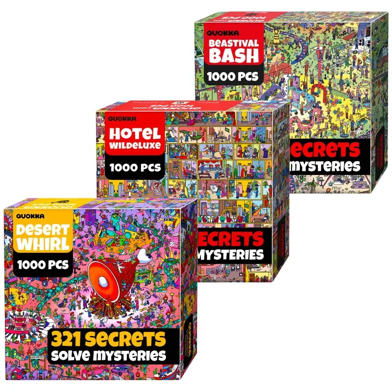 QUOKKA Premium 1000-Piece Jigsaw Puzzles 3-Pack for Adults - Animal Bash, Desert Whirl, Hotel Wildeluxe Themes, Hidden Details, Secrets Hunt, Audios, Storytelling, Unique Gifts