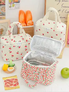 Cherry Floral Print Large Capacity Durable Lunch Bag Women, Insulated Food Pouch, Portable Refrigerator Bag, Essential for Work School Travel