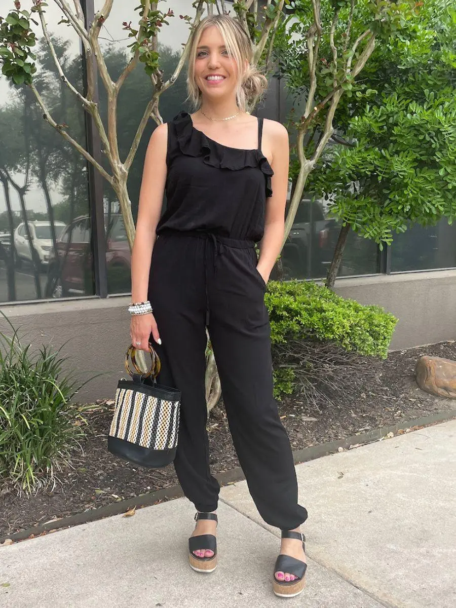 Ruffle Shoulder Black Jumpsuit | Ethical Fashion