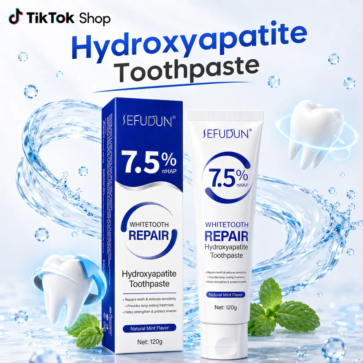 Nano Hydroxyapatite Toothpaste, 7.5% Formula for Daily Enamel Care and Fresh Breath, Natural Peppermint Flavor, 120 g, Evening