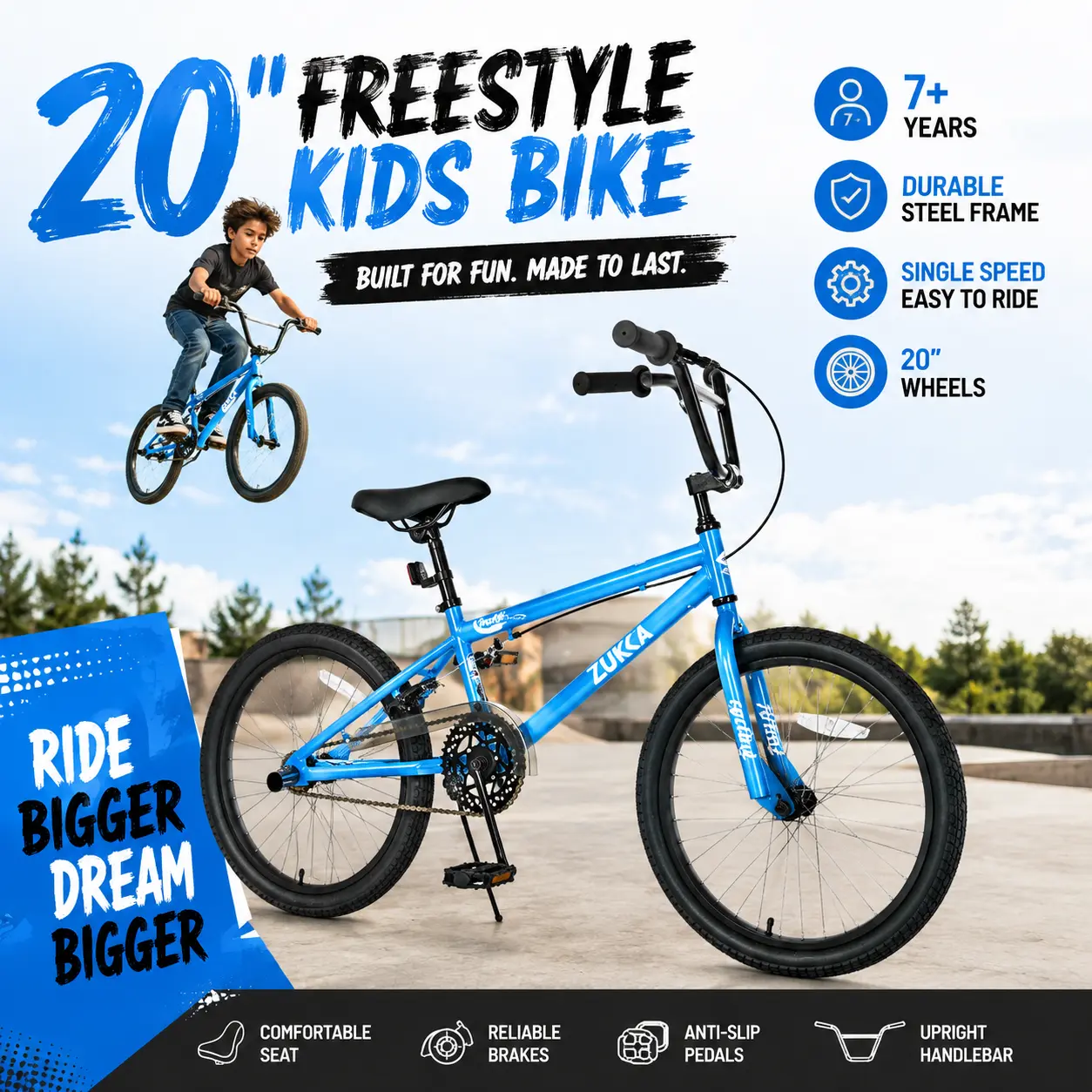 Freestyle Kids Bike 20 Inch Single Speed Childrens Bicycle for Boys Girls Age 7 Plus Years Heavy Duty High Carbon Steel Frame BMX Style Street Dirt Park Casual Cruiser Child Outdoor Sport Riding Bike Gift