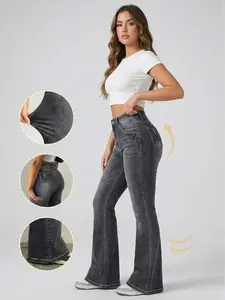 Women's High Rise Bootcut Jeans, Double-button Denim Pants for Comfortable Style, Distressed Back Pocket Slim Fit, Flattering All Leg Types- 70562