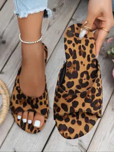 Women's Fashion Leopard Print Flat Sandals Ethnic Style Sandals Casual Comfortable Open Toe Slide Sandals for Summer, Female All-match Shoes for Daily Wear