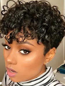 pixie wig short kinky curly  natural black brown burgundy 99j color daily party cosplay use wig machine made pixie wig 150% Denisty pixie cut human hair wigs for women Human Hair Wavy
