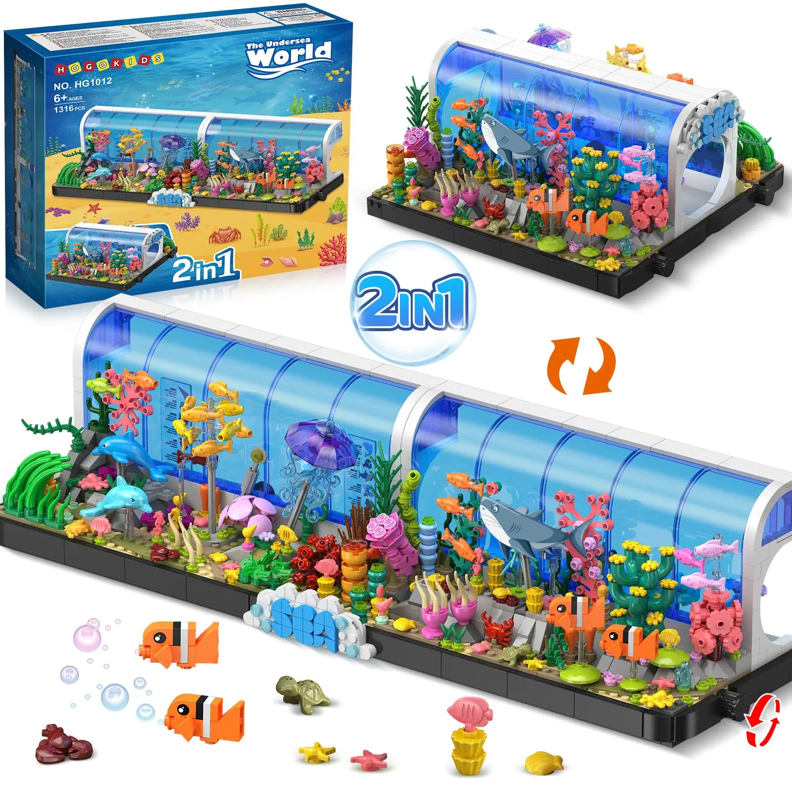 Hogokids Aquarium Building Set - 2 Styles Oceanarium Model Building Kit with Dolphins, Sharks, Crabs, Jellyfish, Seaweed for Aquatic Play, Ages 6-12