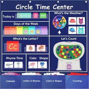 Educational Classroom Pocket Chart for Preschool, Fabric Learning Calendar with 224 English Cards for All Seasons, Weather, Colors, Shapes & Counting