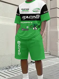 RACING Racing Letter Men's 3D Digital Printing Graphics Two-Piece Set, 2Pcs, Trendy, Stylish and Fashionable Set, Trendy Retro Casual Two-Piece Set, Vacation-style Trendy Outfit, Breathable Sports Casual Style, a Perfect Holiday Gift for Men
