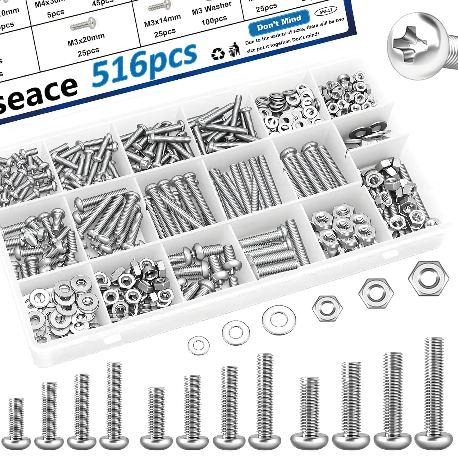516Pcs Nuts and Bolts Assortment Kit 21-Sizes M3/M4/M5/M6 Nut Bolt Washer Assortment Kit for Machinery, Furniture, Automotive, Motorcycle Repairs