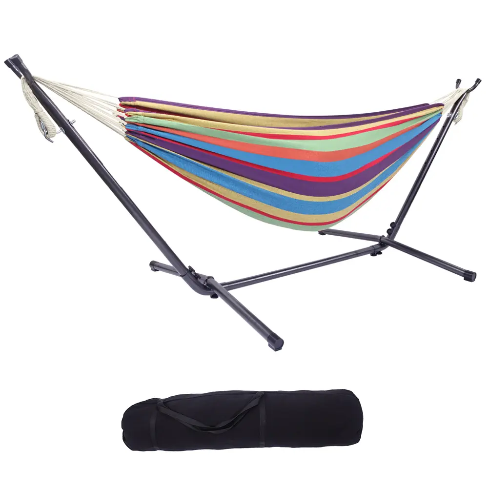 Soft Breathable Brazilian-Style Cotton Double Hammock with Floor Stainless Steel Stand, 250lb Capacity, Premium Carry Bag, Relaxing Experience for Adults (Backyard, Camping)