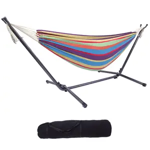 Double Hammock with Stand - 250lb Capacity Heavy-Duty Steel Frame & Carry Bag - Brazilian-Style Cotton for Backyard, Camping, Garden Outdoorfun