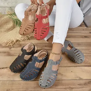 Women's Retro Closed-Toe Hollow Buckle Slingback Sandals - Casual Platform Sole Wedge Footwear