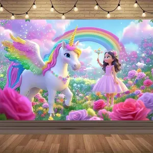 1pc 2d Dreamy Unicorn Rainbow Backdrop Banner Vibrant Gradient & Fairy Tale Floral Design Perfect for Girly Themed Parties, Magical Celebrations & Romantic Adult Gatherings Decor Wedding Party Backdrop