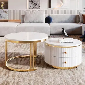 Bellemave 2-Piece Nested Round Storage Coffee Tables - Contemporary Coffee Table Set, 27.6x27.6" MDF Top, Drawers, Living Room Indoor Furniture