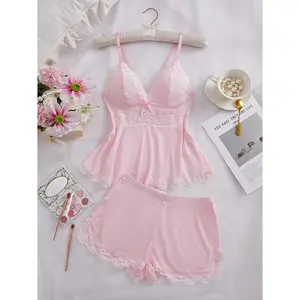 Velquin Women Solid Color Lace Trim Cami Top & Shorts Pyjama Two-piece Set, Casual Comfy Camisole & Shorts PJ Set, Women's Sleepwear for All Seasons, Lingerie