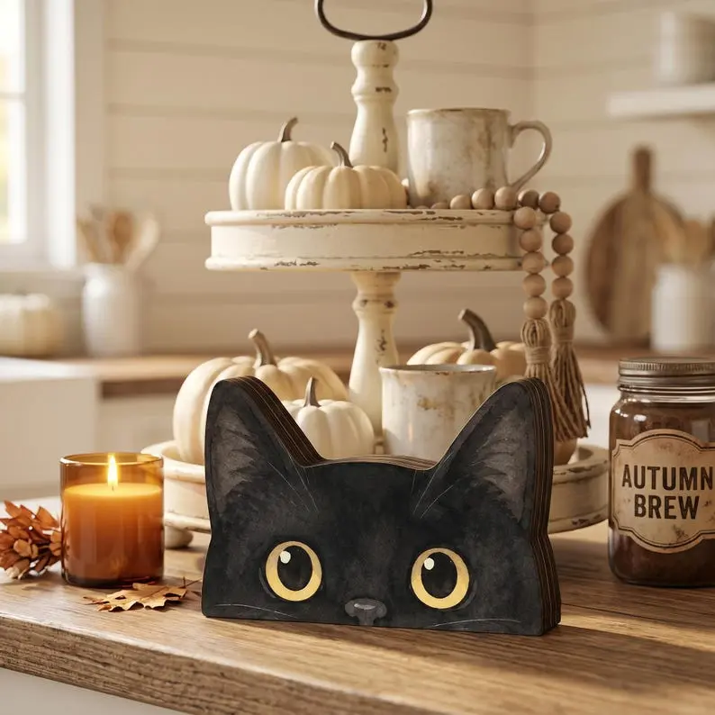 Vintage Halloween Decor Indoor, Retro Wooden Block for Shelf Decor, Black Cat Halloween Decor, 90s Halloween Decorations, Housewarming Gift