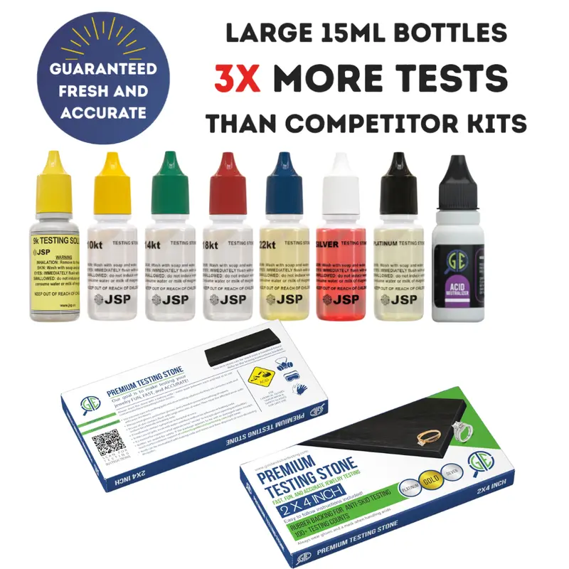 GTE Gold Silver Platinum Testing Kit - 9K 10K 12K 14K 18K 22K 999 925 Sterling - 15ml JSP Solutions & 2x4" Test Stone - Professional Grade for Jewelers & Collectors