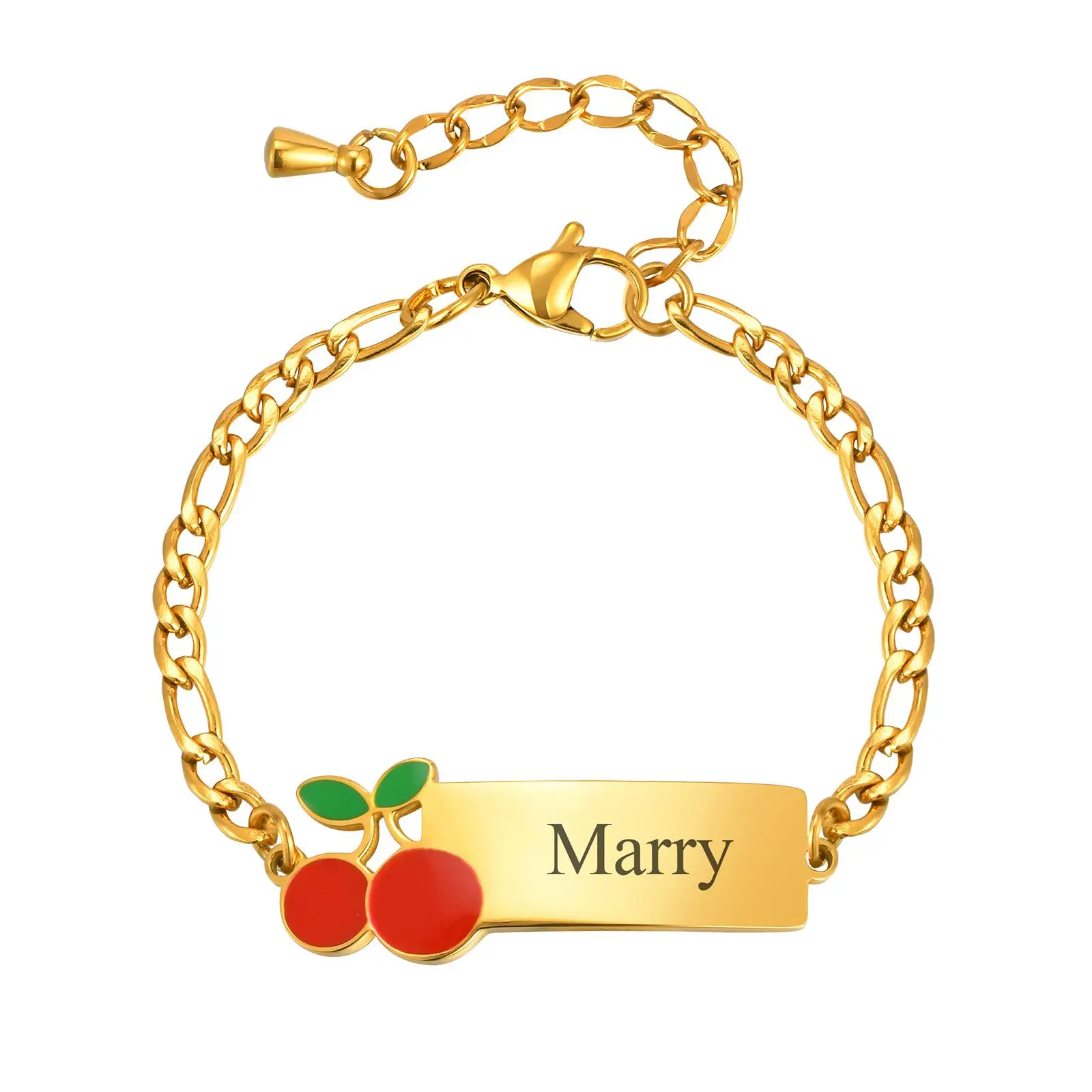 Vnox Custom Baby Girls Bracelets, Stainless Steel Adjustable Chain Personalized Baby Name Cherry Bracelets, Child Birthday Gifts