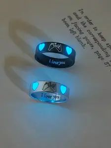 Night Glow Heart Hook Ring Set, Cute Couple Promise Rings, Valentine's Day Gift, Romantic Jewelry for Lovers, 2 Piece Set