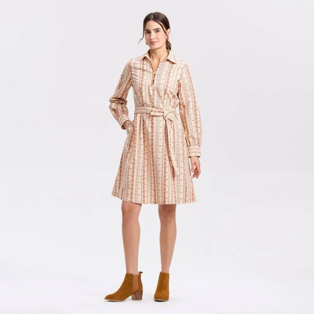 Women's Bishop Long Sleeve Cotton Woven Denim Garment Casual Poplin Mini Shirtdress, Everyday