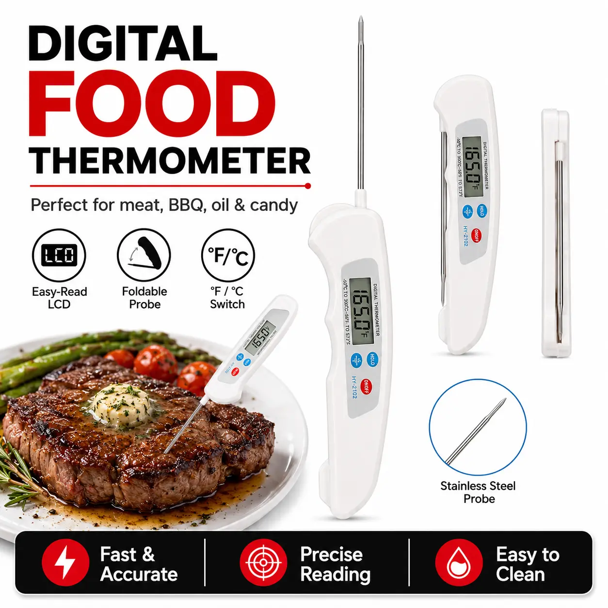 Portable Foldable Plastic-LCD Handheld Digital Thermometer - Accurate Stainless Steel Kitchen Tester for Grilling, Smoking, Deep Frying