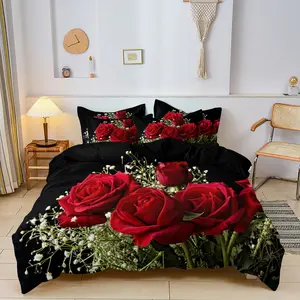 Valentine's Day Rose Print Bedding Set, Includes 3 Pieces, 1 Fitted Sheet and 2 Pillowcases, Soft and Comfortable Home Bedroom Essentials, Soft Bedding Sets