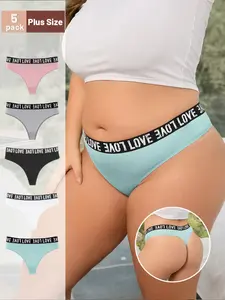5pcs Women's Large Size Sports Style Mid Waist High Elastic Stretchy Panties Thongs V-Strings, Sexy Simple Comfortable Breathable Thong Triangle Pants, Letter Wide Waist Plus Plus Fat Fitness Yoga, Panty Combo Set Underwear Sportswear