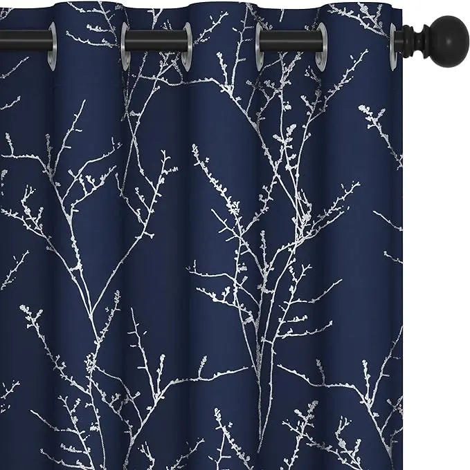Deconovo Navy Blue Triple Weave Home Decoration Curtains (2 Panels, Silver Tree Branch Nature Motif) - Silky Blackout Shade Drapes, Thermal Insulated, Soundproof, Ceiling Mounted for Living Room, Bedroom, 86°F Hand Wash