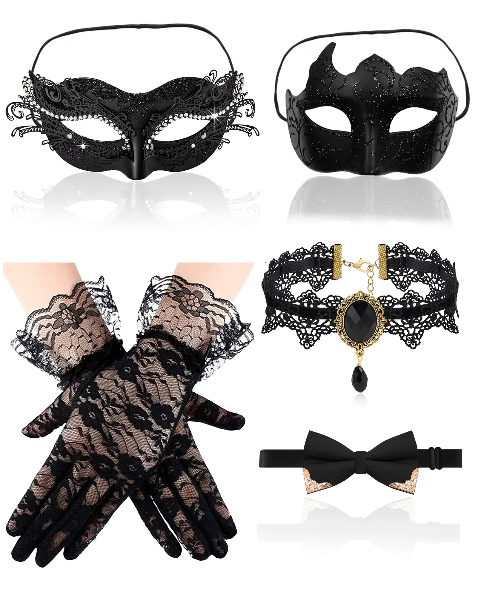 Masquerade Mask Set for Couples: 5-Piece Halloween Costume Accessories Kit for Venetian Mardi Gras-Themed Parties