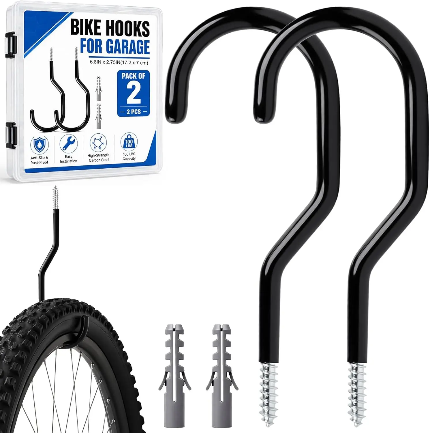 Heavy Duty Bike Hooks for Garage Wall Ceiling Mount, 100lbs Capacity Carbon Steel Bicycle Hangers with Anchors, Wide Opening Utility Storage Hooks for Mountain Road Bike Ladder 2 Pack