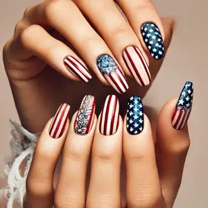 Festival Themed Fake Nails with Nail File & Tape, 24pcs/set American Flag Pattern Press on Nails for Women & Girls DIY Nail Art, Elegant Stick on Nails Kit