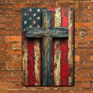 Vintage Christian Metal Wall Sign - 12x8 in Rustic Aluminum Plaque, UV-Printed "In God We Trust" Flag Cross Faith Art, Wall Mount Novelty Decor for Home, Indoors