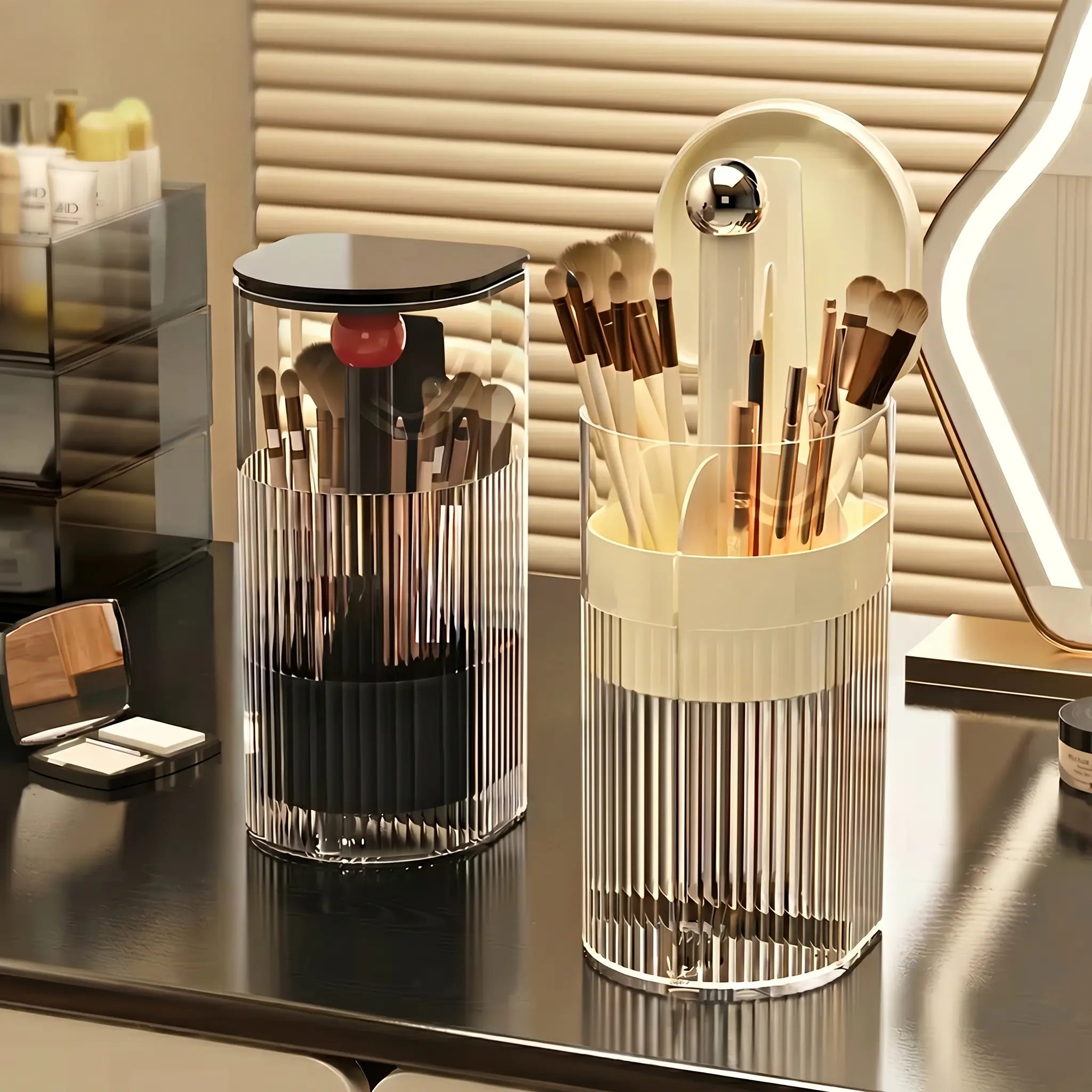 Press-to-Lift Makeup Brush Holder with Lid, Dustproof Makeup Brush Organizer, Minimalist Durable Organizer with Compartment for Vanity Countertop, Modern Multi-Functional Home Storage Caddy, Gift for Her, acrylic bins