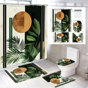 1/4pcs Modern Boho Bathroom Decor Set with Mid-Century Abstract Shower Curtain, Tropical Leaf Accents, Terracotta Circle Design, Stylish Bath Mats, Toilet Lid Cover, and Shower Curtain Hooks for a Cozy, Contemporary Home Aesthetic