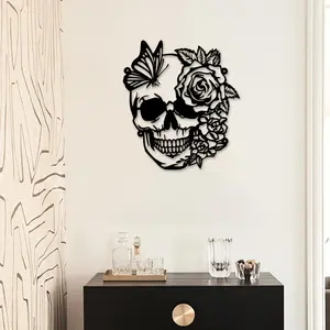 Elegant Skull Flower Butterfly Metal Wall Art, Vintage Style Artistic Decor with Roses and Greenery, Durable Metal Hanging Sign, Valentines Decor