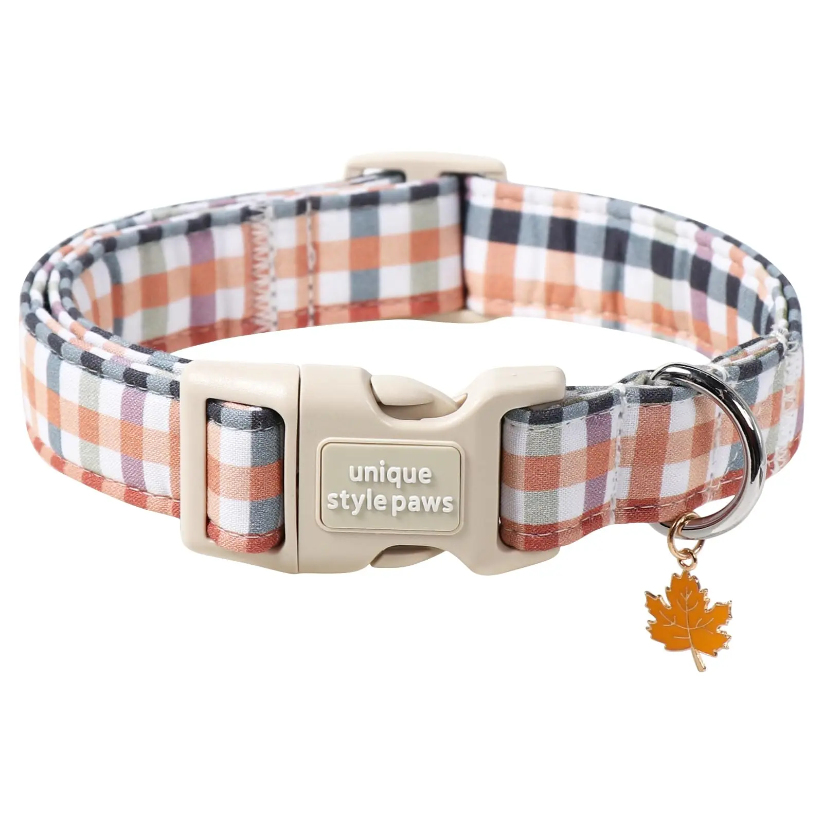 UNIQUE STYLE PAWS Colorful Plaid Cotton Dog Collar - Detachable Maple Leaf Pendant, Pumpkin & Halloween Carnival Themed, Chew Resistant, Skin Safe, Adjustable Buckle, Universal Fit for Small/Medium/Large Dogs