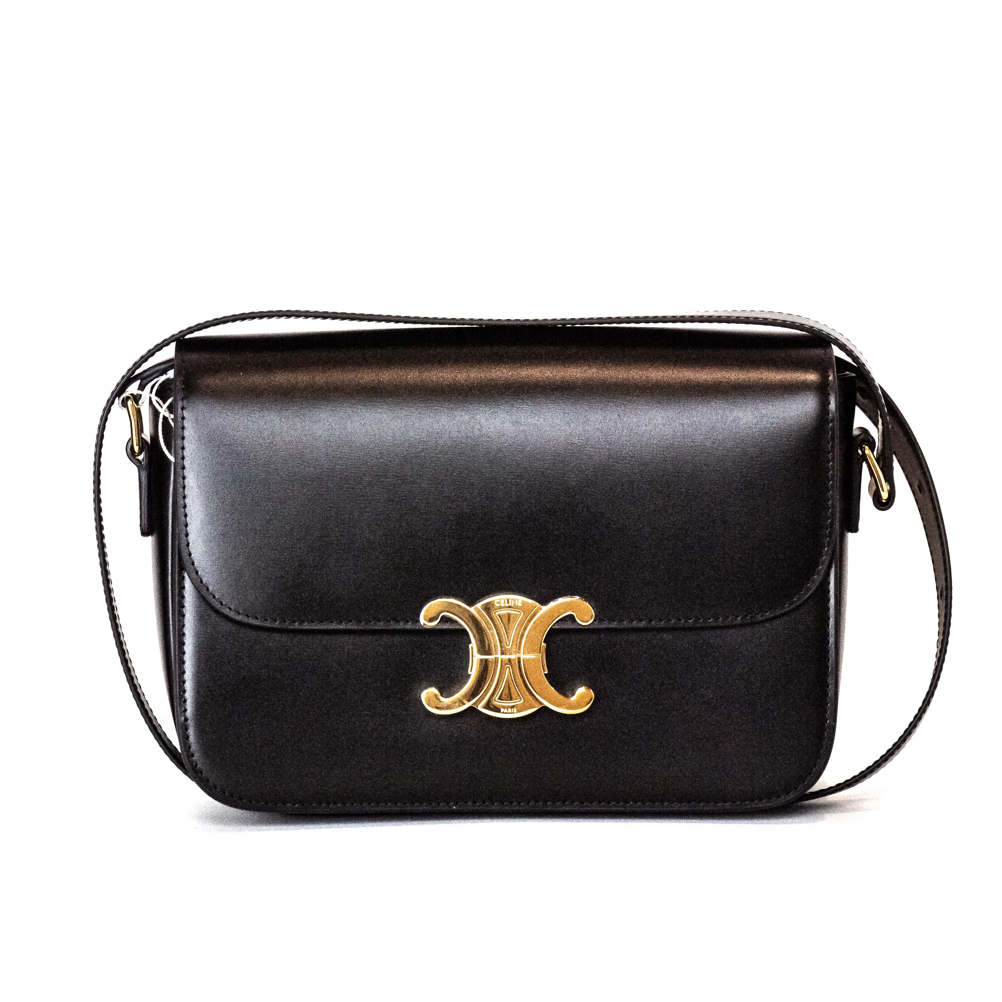 Pre-owned Celine Shiny Calfskin Leather Crossbody Bags Classique Triomphe Bag – Black Shiny Calfskin | Like New