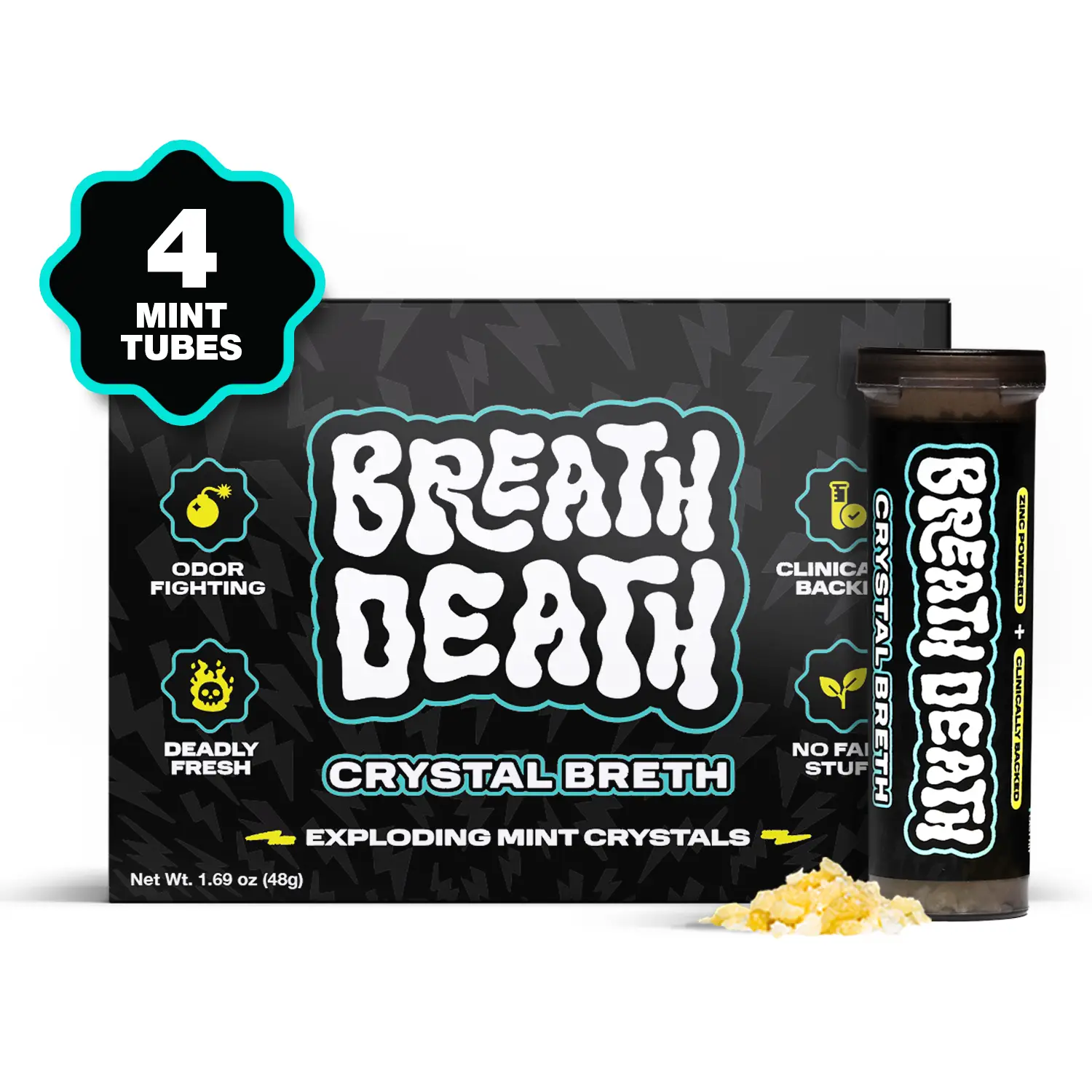 Crystal Breth Exploding Mint Crystals - 4 Tubes, 12 Servings, 1.6 Oz, Clinically Backed, Zero Calories, Zinc Infused, Fast Acting, Deadly Fresh Crunch