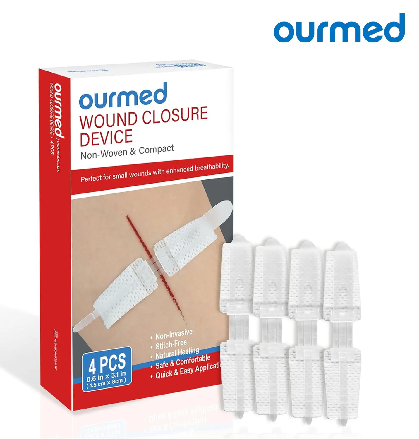 Ourmed Sterile Butterfly Bandage Wound Closure Multi-Pack - 0.6"x3.1" Glueless, Lightweight Butterfly Tape, 4-Piece First Aid Supplies for Outdoor Emergency Situations, Healing Support