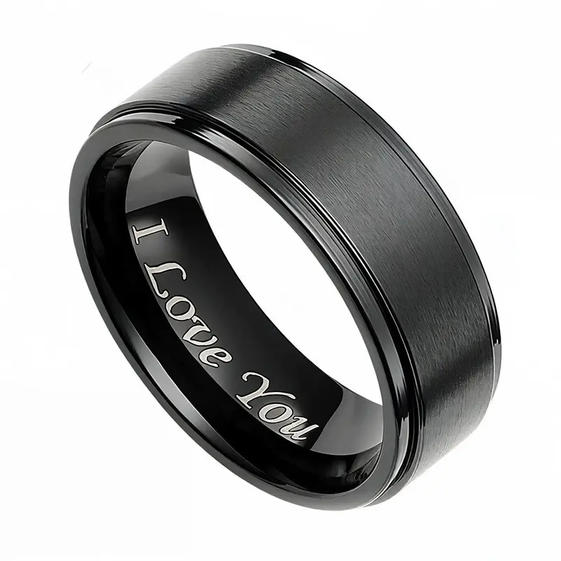 Men's Titanium Steel-Tungsten Ring - Elegant Black Band with Custom "I Love You" Letter Motif, Romantic Men's Accessories, Gifts for Boyfriends, Father's Day Fashion Jewelry, Rings, Beautiful Rings, Anniversary Gift For Him